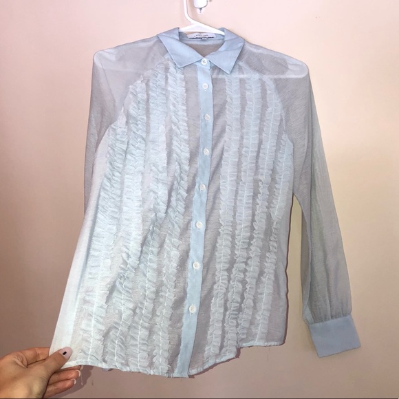 ASOS Lost Ink Blue Chiffon Shirt With Frills - Picture 10 of 15